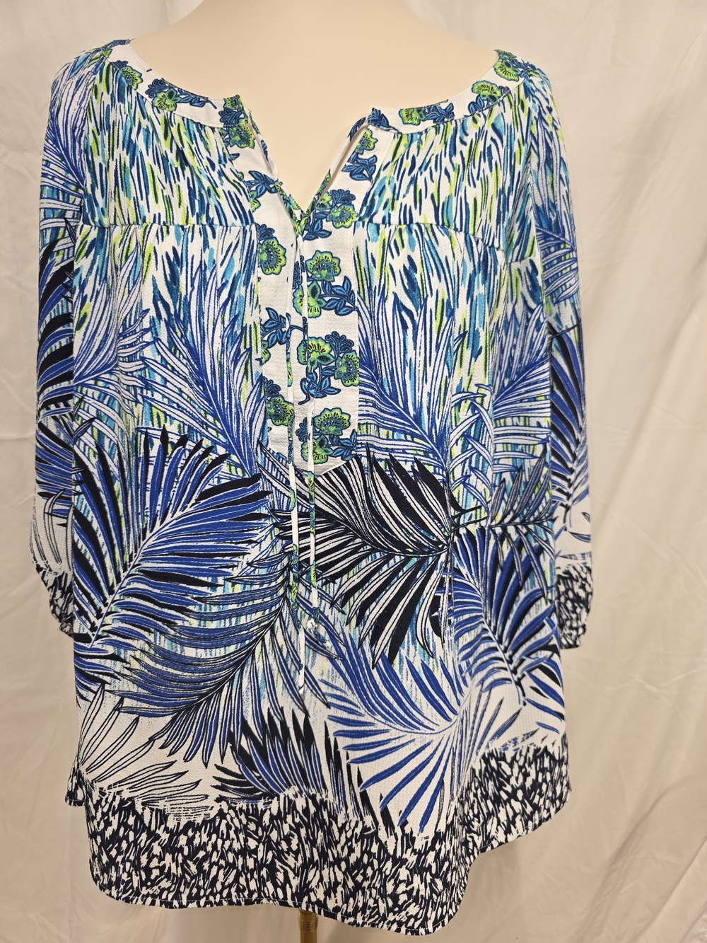 New Directions Blue, Green & Black Floral Print Blouse 2X